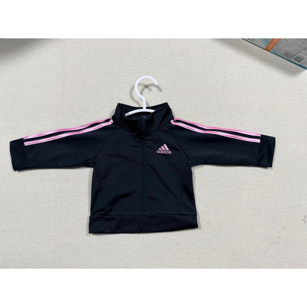 Adidas Baby Girls Black Pink 3 Stripe Track Jacket Full Zip Size 3 Months